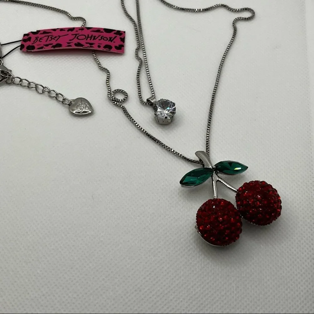 NECKLACE! Betsey Johnson Double Pendant Cherry Gemstone Necklace BNWT - Picture 4 of 5